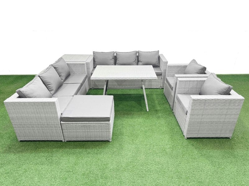 Fimous 9 Seater Garden Furniture Set PE Rattan Garden Sofa Set with Rectangular Dining Table Big Stool Side Table Light Grey