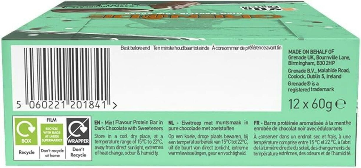 Grenade High Protein, Low Sugar Bar - Dark Chocolate Mint, 12 x 60 g