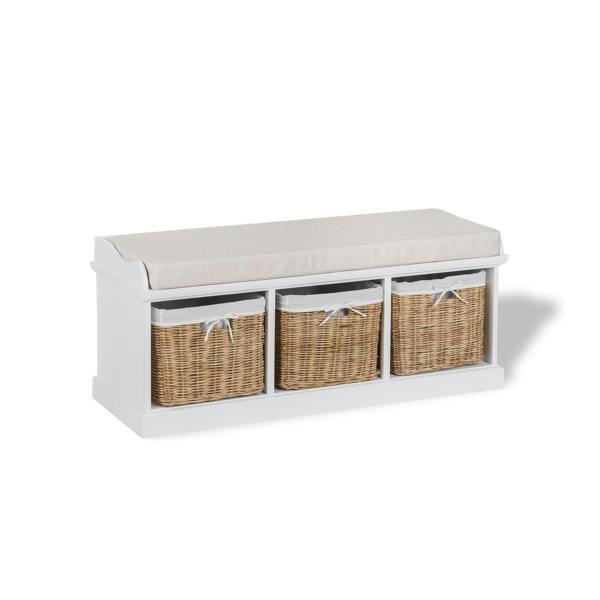 Statement Furniture Tetbury White Storage Bench with Natural Wicker Baskets and Brown Cushion