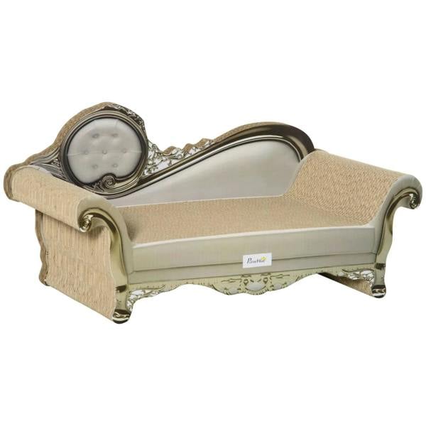 Beige cat sofa bed with curved scratching pad and cushioned top