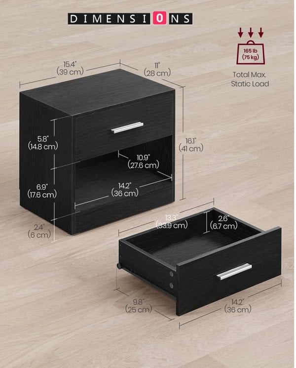 Modcraft Set of 2 Bedside Tables with Drawer and Handle - Black