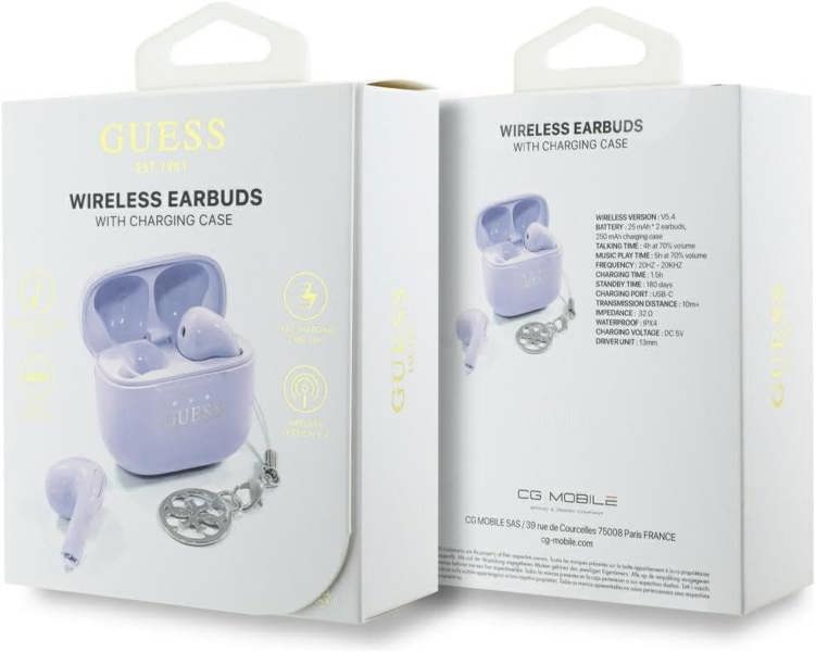 Guess Glossy Effect Printed Classic Logo & Charm TWS Earphones Purple - GUTWSXMCCLU