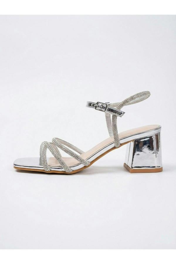 Willow Rhinestone Block Heel Sandals - Silver