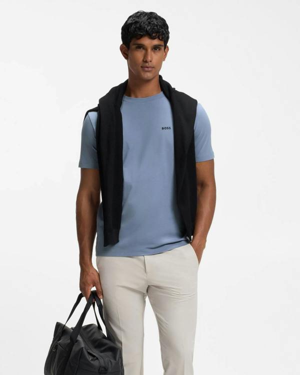 BOSS Green Tee Mens Stretch Cotton T - Shirt with Contrast Logo - Open Blue 491 | CHO | Designer Mens Logo T - Shirts