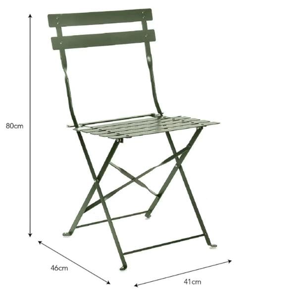 Studio diagram of a single thistle green metal folding bistro chair displaying measurements of 80cm height, 41cm width, and 46cm depth.