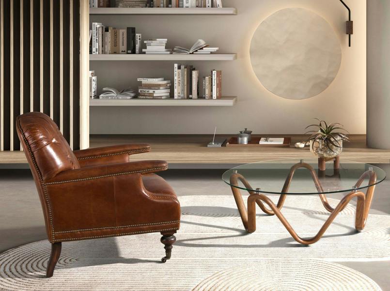 Angel Cerdá Round Tempered Glass and Walnut Round Coffee Table 2124