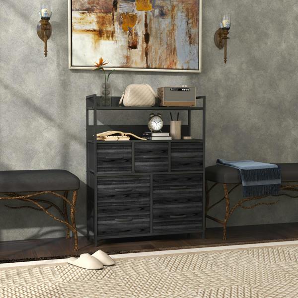 HOMCOM Bedroom Chest of Drawers 7 Drawer Dresser w/ Shelves - Black - Black