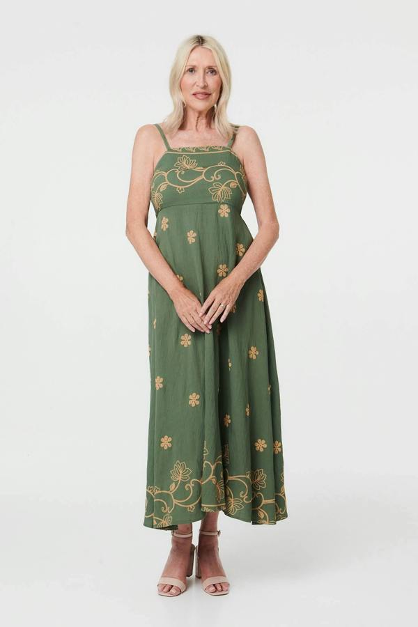 Green | Floral Embroidered Cami Strap Midi Dress