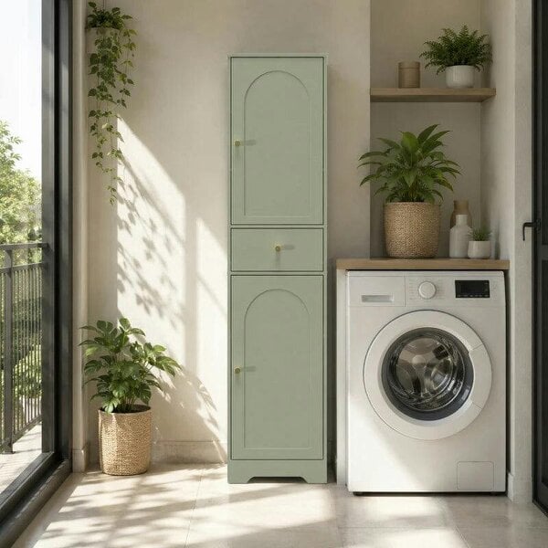 Tall Bathroom Cabinet with Arched Doors - Light Green