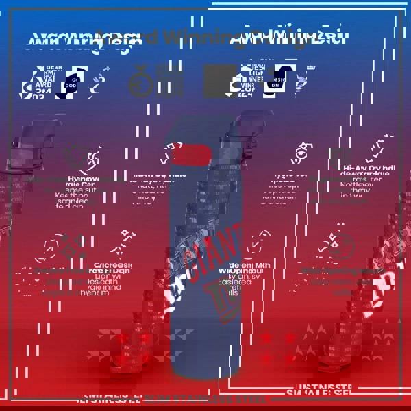 A slim stainless steel water bottle, displaying a New York Giants logo, sits against a red and blue background. Award logos are featured, along with details about its handle, hygiene design, and wide mouth. "Award Winning Design" is also present.