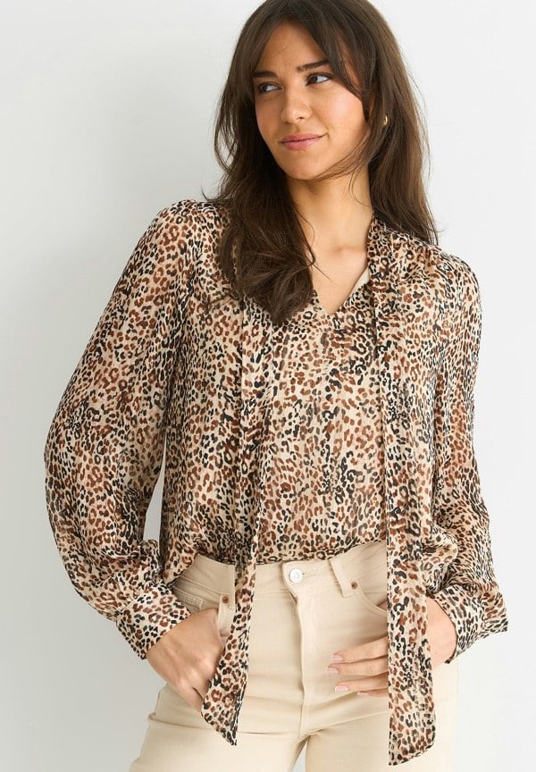 Gini London Brown Animal Print Long SLeeves Tie Neck Blouse
