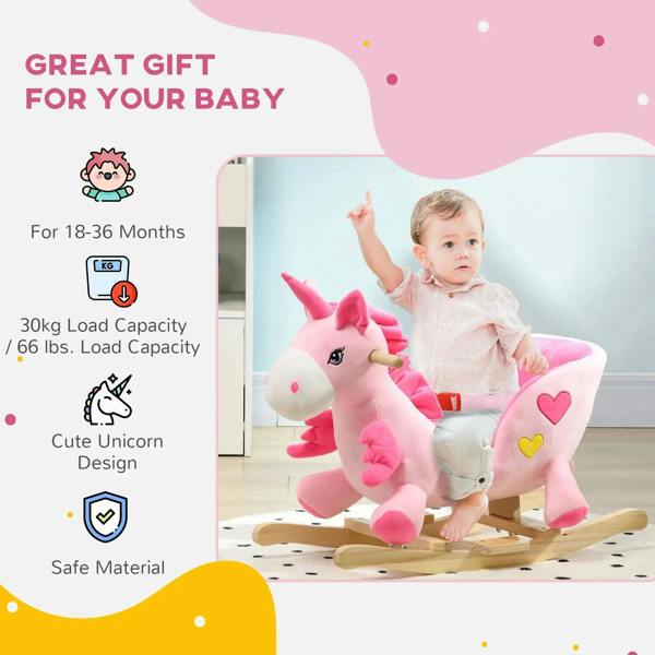 Pink unicorn rocking horse ride-on with child using the seat and wooden rockers