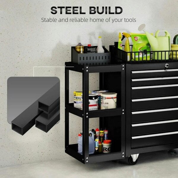 Lockable Steel Tool Chest on Wheels, 7 Drawer Tool Box with Handle for Workshop, Garage, Black