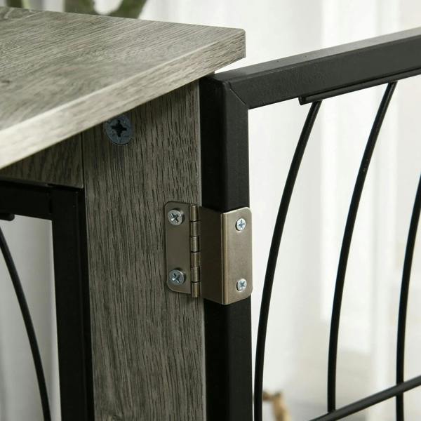 Grey dog crate end table door hinge with secure hardware on wire panel
