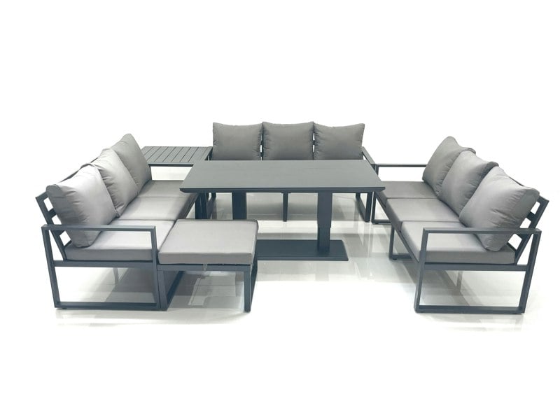 Fimous 10 Seater Garden Sofa Set Aluminium Furniture Rising Dining Tabe Set with Side Table Big Footstool Dark Grey
