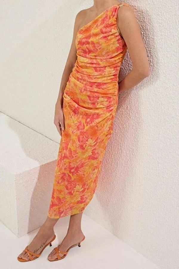 WOVCOR One-Sleeve Tulle Stretch Knit Midi Pencil Dress with Accessory Details