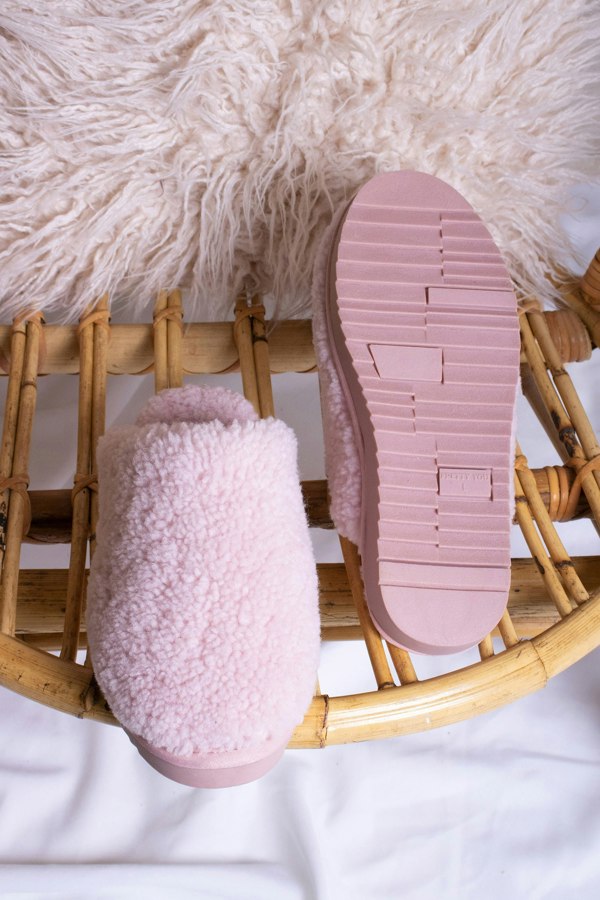 Jude luxury women's mule slippers in rose pink with warm sheepskin lining from Pretty You London