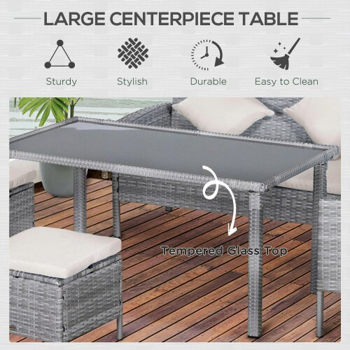 Wyld Haus Mora Rattan 7 Seater Outdoor Dining Set with Sofa 2 Footstools and Rectangular Table
