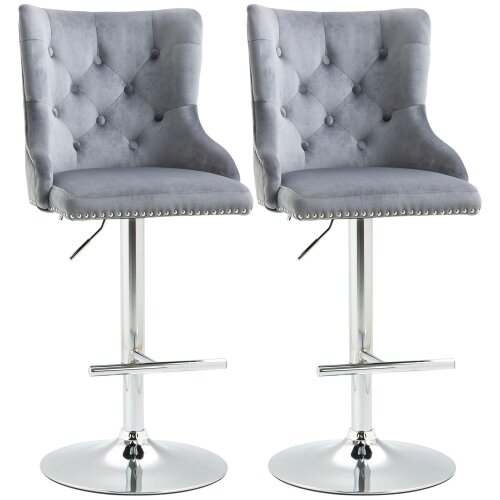 Wyld Haus Recoco Velvet Grey Adjustable Swivel Bar Stools Set Of 2 With Tufted Back And Nailhead Detail