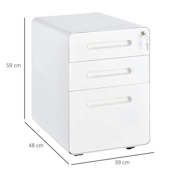 White 3-drawer lockable vertical file cabinet with side key lock and handle pulls.