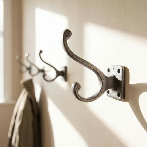 Small antique cast iron coat hook mounted on a painted wall in a vintage-inspired hallway, with a coat hanging on it, surrounded by similar hooks.