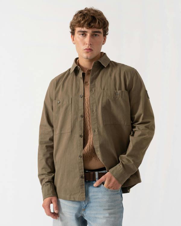 Front of Belstaff Mens Outpost Shirt Cotton Herringbone - Khaki Green