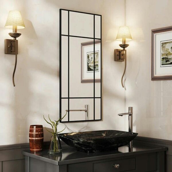 Decorative Grid Wall Mirror, with Back Hooks - Black - Black