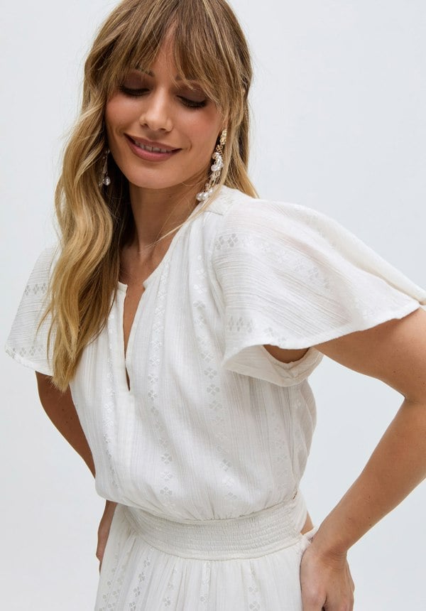 Candice Flutter Sleeve Jacquard Maxi Dress In White
