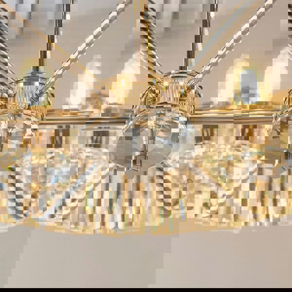 Bright Nickel Ceiling Chandelier Light - Clear Cut Glass 6 Bulb Pendant Fitting