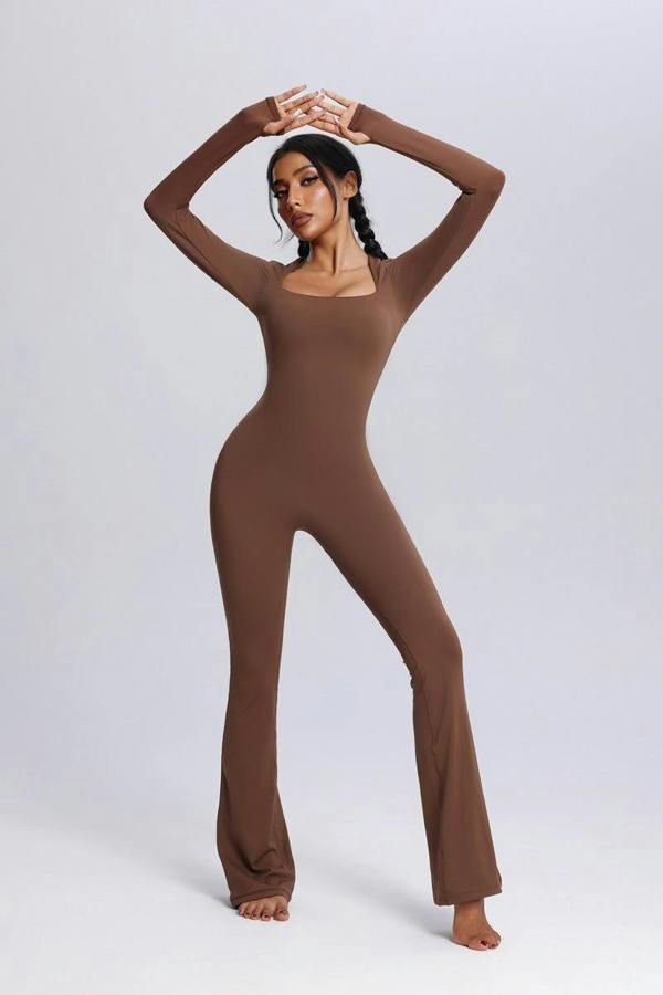 Anniou Square Neck Flared Yoga Jumpsuit - Brown
