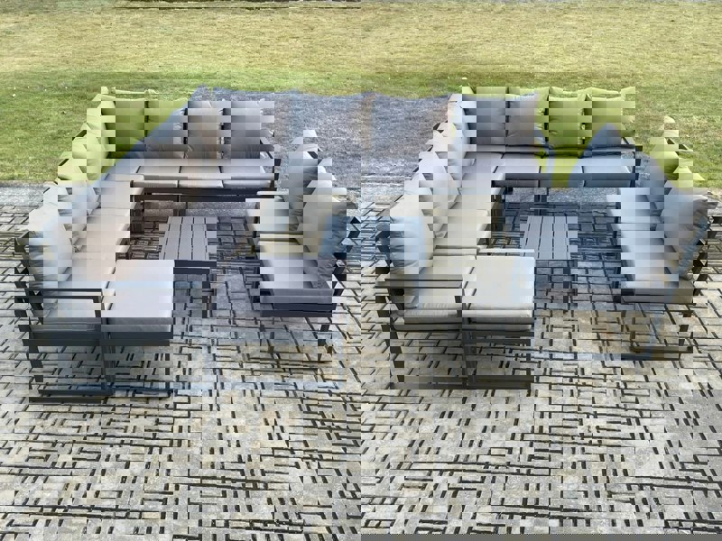 Fimous 10 Seater Patio Outdoor Garden Furniture Aluminium Lounge Corner Sofa Set with Square Coffee Table with Big Footstool Dark Grey