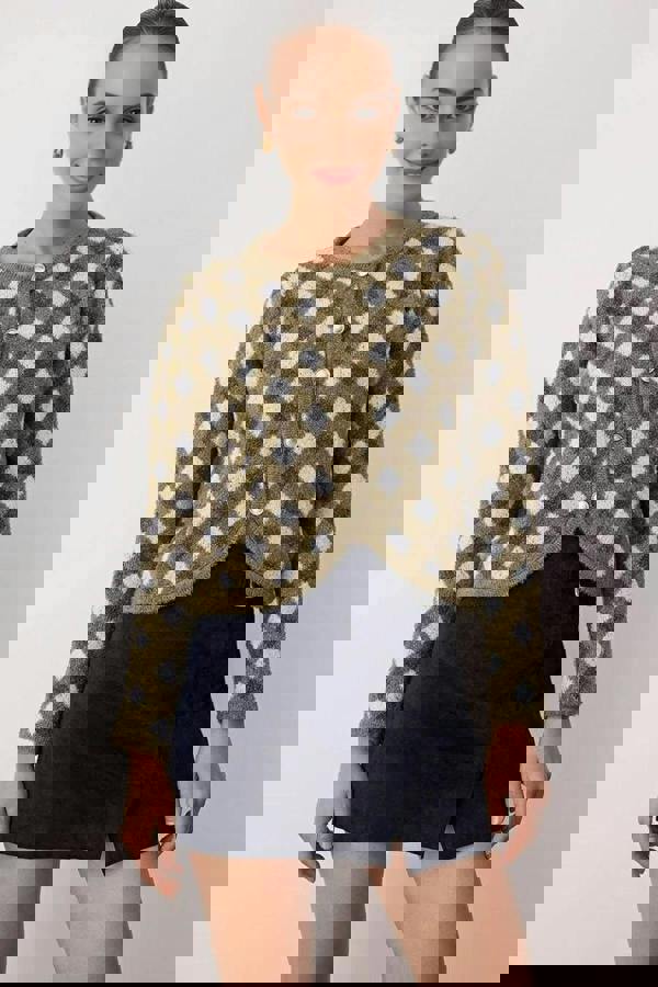 WOVCOR Argyle Patterned Crew Neck Crop Knit Cardigan