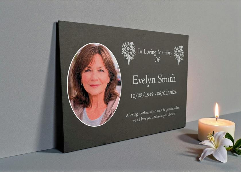 Memorials Direct Photo Slate Memorial Plaque, Mixed Flowers, Add a Portrait & Personalised Text | 35×25cm (14×10”)