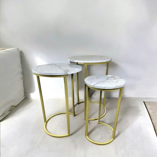 Rafaelo Mobilia Set Of 3 Gold Nesting Tables With Faux Marble Top