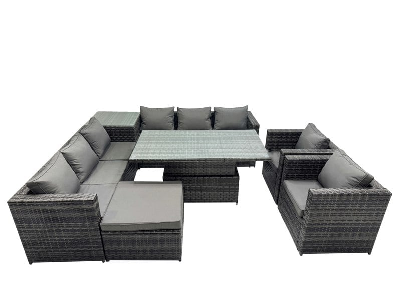 Fimous 9 Seater Rattan Garden Furniture Set with Corner Sofa, Height Adjustable Rising Table, Side Table & Stool - Dark Grey