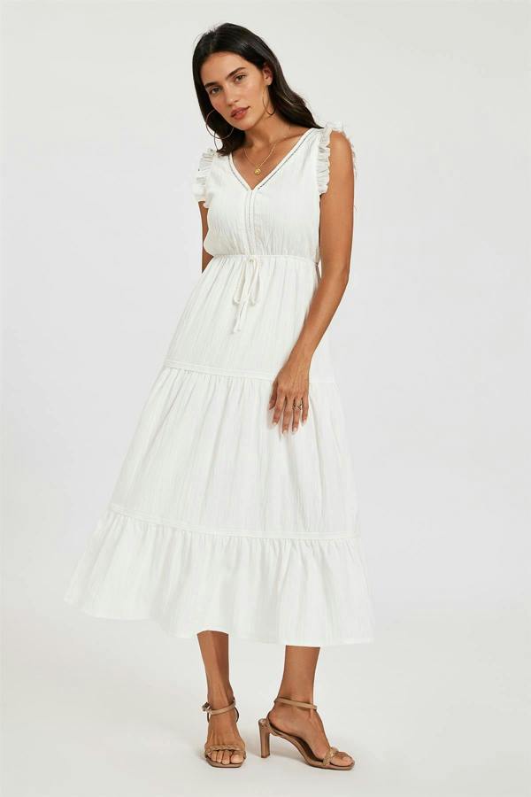 FS Collection Frill Sleeve Lace Detail Midi Dress In White