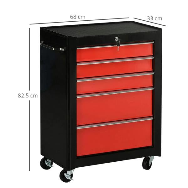 Lockable steel tool chest with 5 red drawers on caster wheels, black side panel