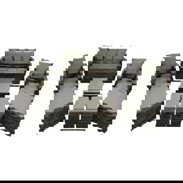 Fimous 3 Seater Sofa Reclining Chair Coffee Table Set Rattan Garden Outdoor Furniture Set with 4 Stools Dark Grey Mixed