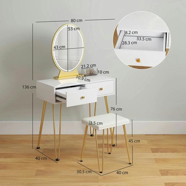 White vanity desk and oval LED mirror with size diagram, two drawers and stool