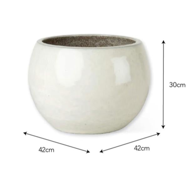 A studio product shot of the Bourton 42cm white glazed terracotta planter on a white background with dimension arrows indicating its 30cm height and 42cm width.