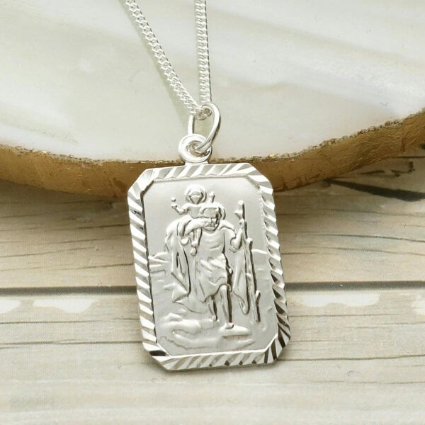 Christopher James of London 9ct White Gold Diamond Cut Rectangle St Christopher Pendant With Optional Engraving and Chain