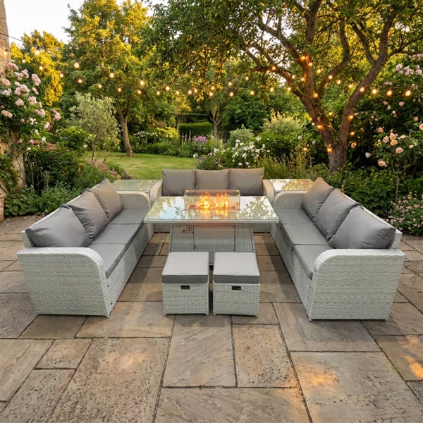 Fimous 11 Seater Rattan Outdoor Garden Furniture Set with Fire Pit Dining Table, 3x 3 Seater Sofas, 2 Stools, 2 Side Tables - Light Grey