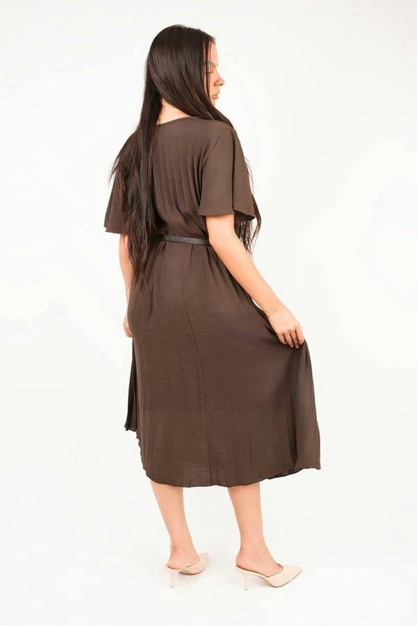 Elidi Short Sleeve Pleated Midi Dress With Waist Belt - Choc Brown