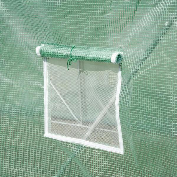 Green roll-up mesh window panel with roller bar and zippered frame for ventilation