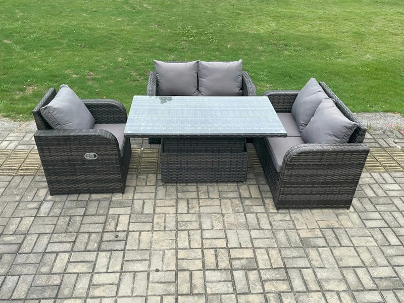 Fimous Wicker PE Rattan Furniture Garden Dining Set Outdoor Height Adjustable Rising lifting Table Love Sofa With Reclining Chair