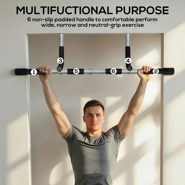 Multi-grip doorway pull-up bar with black foam handles and curved silver frame