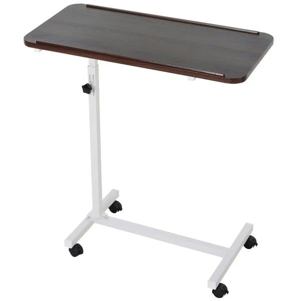 C-shaped over-bed table with brown tabletop, white stand, and rolling casters