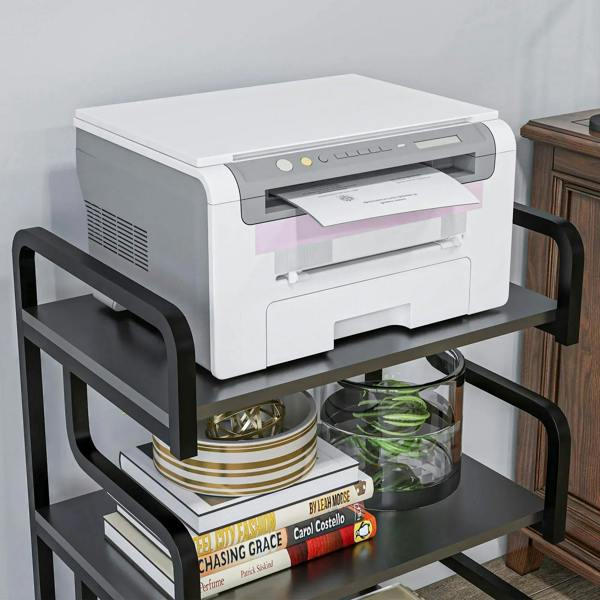 Black 3-tier printer stand with printer on top shelf and storage on lower shelves