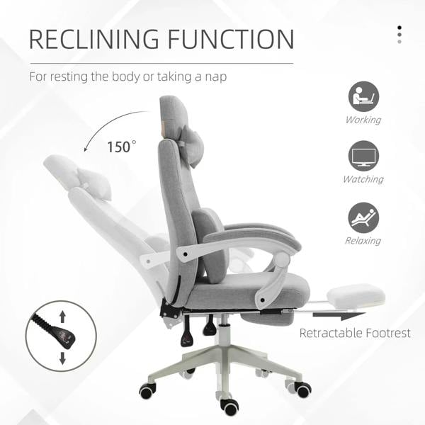 Light grey fabric reclining office chair with high back, headrest pillow, retractable footrest