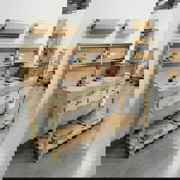 Wooden eucalyptus Top Workbench – Durable Tool Cabinet with Drawers and Back Panel, Ideal for Dry Indoor Spaces Such as Garages, Workshops, and Studios.